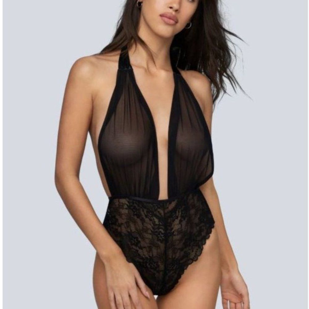 Oh La La Cheri ONE SIZE Black Aria Mesh Plunge Halter Teddy Bodysuit Lingerie